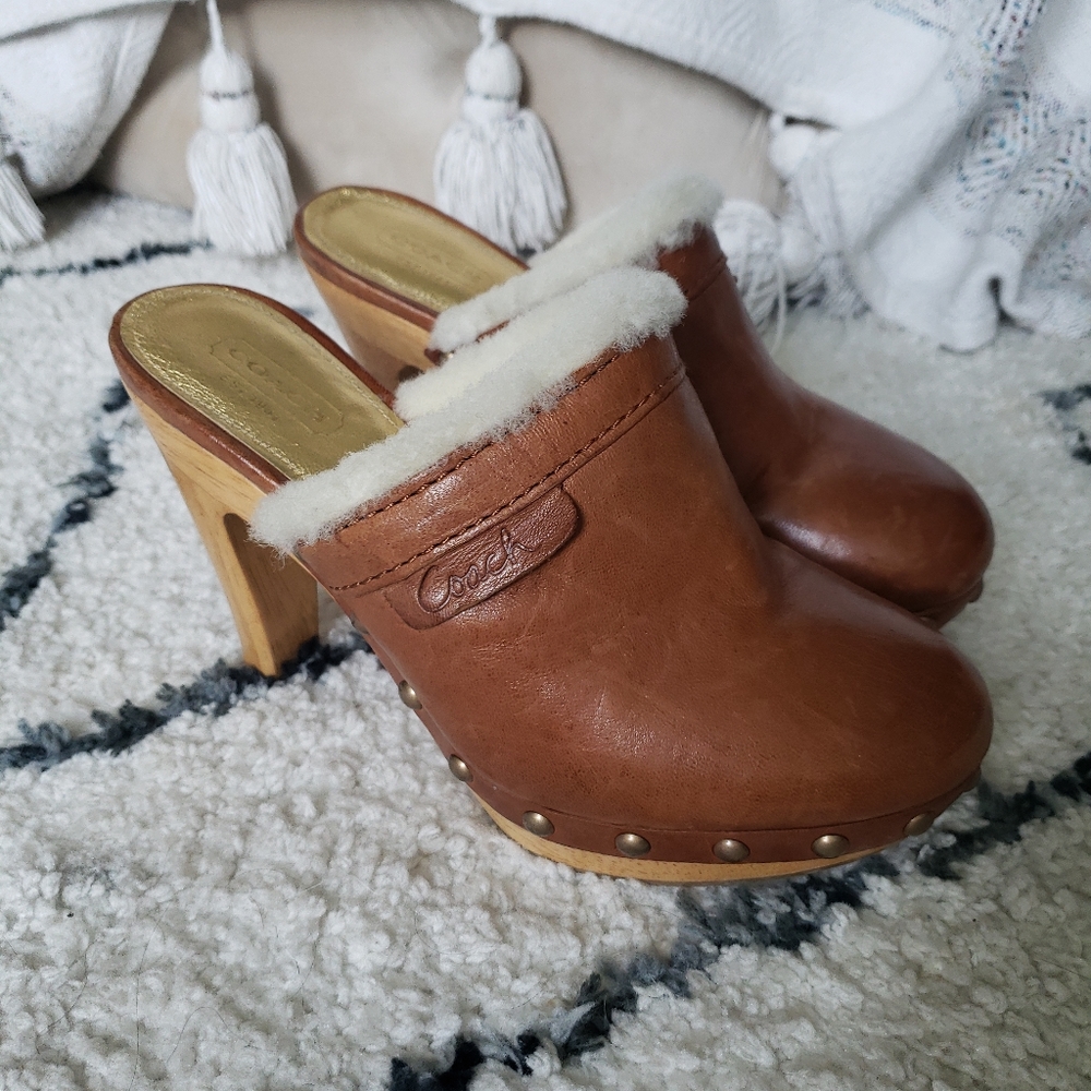 Coach Fur Lined Leather Studded Clog Heels